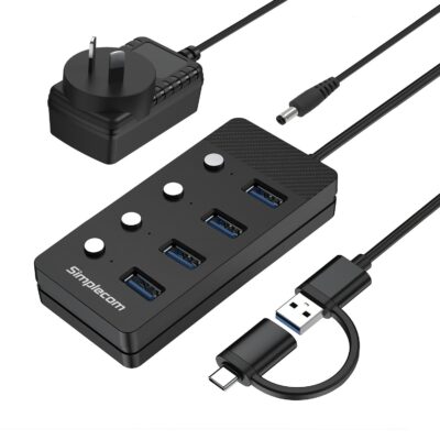 USB-A and USB-C to 4-Port USB 3.0 Hub with Power Adapter